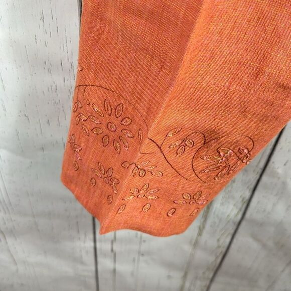 Olsen Sport 100% Linen Embroidered Crop Pants Orange Size 10 Boho Coastal Resort - Picture 8 of 16